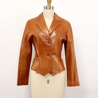 Vintage 70s Cropped Leather Jacket, Women's Size 9-10, Cognac Genuine Leather 
