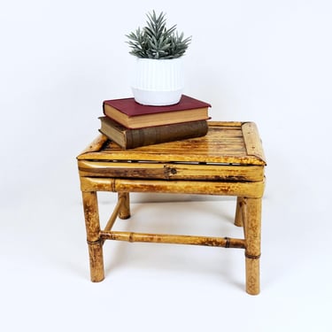 Vintage Burnt Bamboo Footstool, Rattan Side Table or Plant Stand, Tortoise Shell 