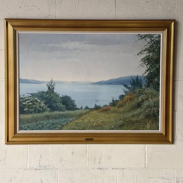 Thorbjørn Fjord Landscape Oil Painting Vintage Danish Mid-Century 1960s 