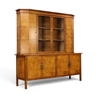 Mastercraft for Daniel Jones Inc. Two Piece Vintage Mid Century Modern Burl China Cabinet c. 1960s 