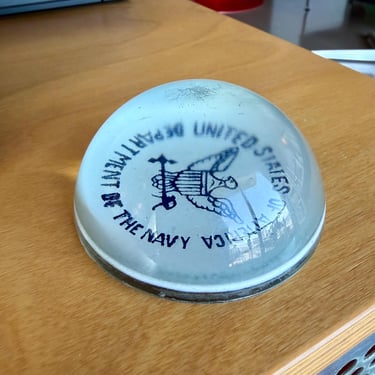 Vintage US Department of the Navy Domed Glass Paperweight,Official Military Insignia Desk Accessory 