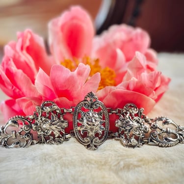 Antique Style Gothic Revival Silver Tone Bracelet / Vintage Lions Head Cameo Jewelry / Gargoyle / Victorian Style / Metal Filigree 