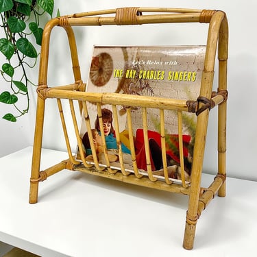 Vintage Magazine Rack Retro 1970s Bohemian + Franco Albini Style + Tan + Bent Bamboo Frame + Book or Vinyl Record Storage + Boho Home Decor 