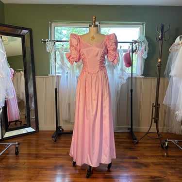 Vintage 1980s Formal Pink Puffy Sleeve Bridesmaid Prom Barbicore Dress 