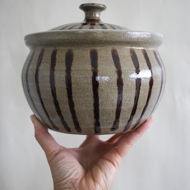 Vintage Alex Majeski 1995 Studio Art Pottery Jar with Lid, Wisconsin Ceramic Crock with Brown Drip Stripes, Stoneware Kitchen Canister 