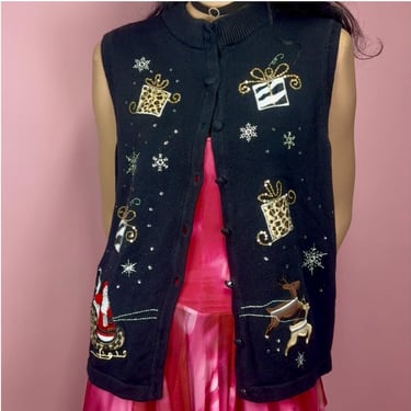 Blk Christmas Vest Leopard Print Presents Santa Gold Sequin Applique Ugly Xmas XL 