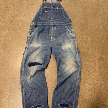Vintage 1960s Distressed Denim Overalls Jeans Repaired Retro Workwear Oshkosh Bgosh Brand Farmer Rancher  style 