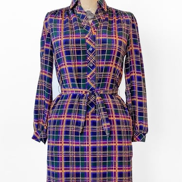 1980s Blue Plaid Shirt Dress, sz. L