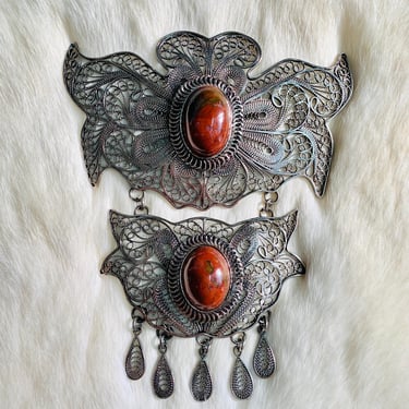 Vintage Ottoman Filigree Butterfly Statement Brooch / Antique Style Kerongsang Pin / Jasper Stone / Bohemian Vibes / Silver Tone / Turkish 