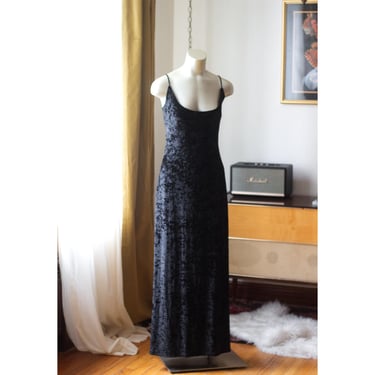 Vintage Black Velvet Maxi Dress - Victoria's Secret Gold Label - 1980s - Crushed Velvet 