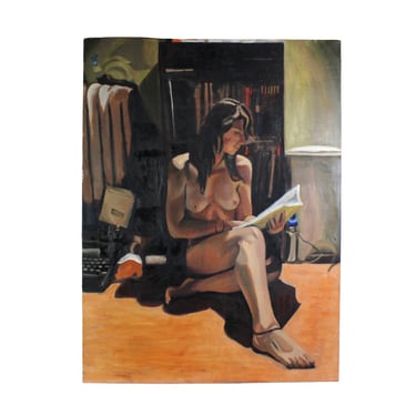 Vintage Seated Nude Woman Reading in a Room Oil Painting