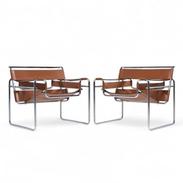 Marcel Breuer for Knoll Mid Century Stainless Steel and Leather Wassily Lounge Chair - Pair - mcm 