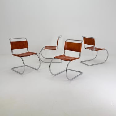 Set of 4 Mid-Century MR10 Cantilever Chairs by Ludwig Mies van der Rohe – Cognac Leather – Italy, 1980s 