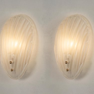 Wall Sconces Murano Glass set of 2, Clear Frost Shell, Brass Frame, Italy 