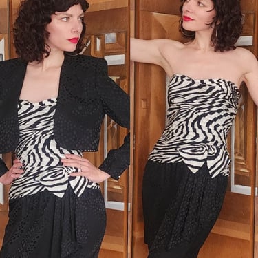 Vintage 1980s AJ Bari Strapless Dress Bolero Jacket Suit Set Zebra Print Black White Silk / M 