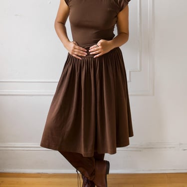 1980s Norma Kamali Skirt Set / Chocolate Brown Matching T-Shirt and Pleated Skirt 