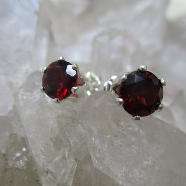 Garnet Post Earrings ~Sterling Silver~ Natural Dark Red 6 mm Gems 