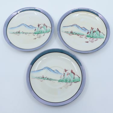 Vintage 1928-1946 Chikaramachi Painted Mountains Saucers Set of 3 Lusterware 