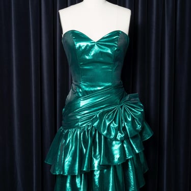 1980s Emerald Green Lamé Strapless Ruffle Tiered Dress with Bow 