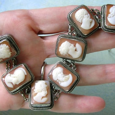 Antique Italian Silver Cameo Bracelet with Women and Men in Profile; Antique Seven Panel Silver Cameo Bracelet (#4065) 