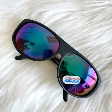 Vintage 80s Matte Black Colorful Reflective Tint Shield Sunglasses 