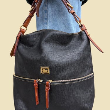 Vintage Dooney & Bourke Dillen Medium Pocket Sac Shoulder Bag Retro 2000s Preppy + Pebbled Black and Smooth Brown Leather + Multi-Pocket 