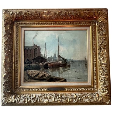 A. Masson “Anvers from the River” Oil Painting. 19th Century, France.