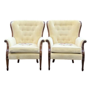 Vintage Louis XVI Upholstered Regency Wingback Chairs - A Pair 
