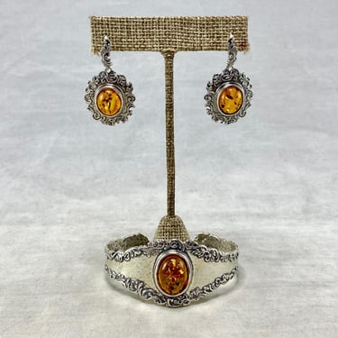 Or Paz 925 Sterling Silver and Amber Earrings & Cuff Bracelet Jewelry Set Signed 