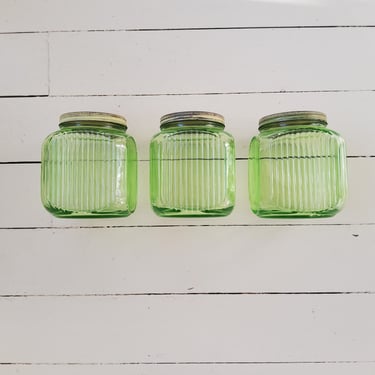 Vintage Uranium Green Glass Canister with Tin Lid - UV Glow 