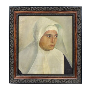 ON HOLD - Vintage Oil Painting of Nun in Habit Peering to the Side