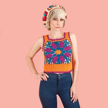Vintage 1970's Charlie's Girls Crochet Knit Sweater Vest // Flower Knit HiPPiE Boho 70's // Small S 