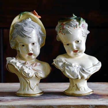 Large Vintage Borghese Busts, Victorian Dresser Decor, Chalkware Girl Cherub Heads, Greek Mythology Sculptures, Collector Gift, REPAIR 
