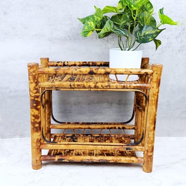 Vintage Burnt Bamboo Shelf Stand – Tortoiseshell Bamboo Display Rack 