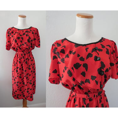 Vintage 80s Dress - Women's Red & Black Belted Short Sleeve Midi - Size Small / Medium 