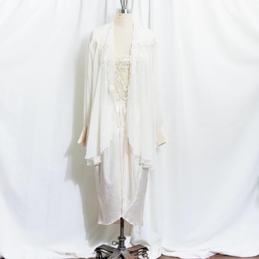 90s Ivory Satin Victorias Secret Two Piece Set Vintage 1990s Romantic Lace Slip Dress Robe Lingerie Matching Set 