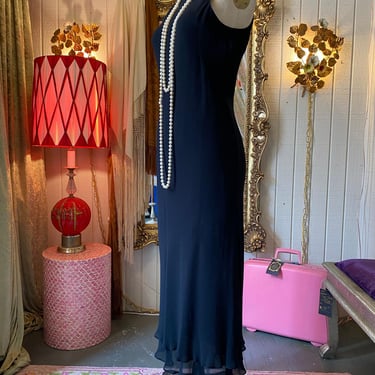 vintage 1990s black chiffon gown, 90s bias cut dress, jones ny, minimalist, med 