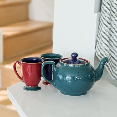 Denby Harlequin Tea for Two Set England Stoneware Teapot with 2 Footed Mugs Blue Green Speckled Pottery 