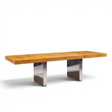 Roger Sprunger for Dunbar Burlwood Chrome Expanding Dining Table with 2 Leaves - mcm 