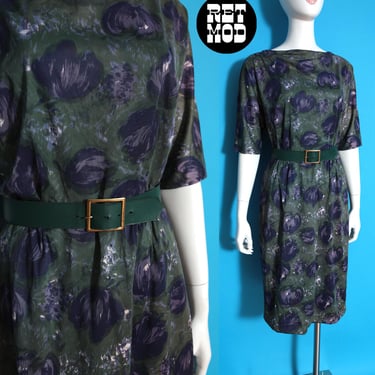 A Tucker-Grossman Design Vintage 60s Dark Green & Purple Abstract Floral Patterned Travelers Dress 