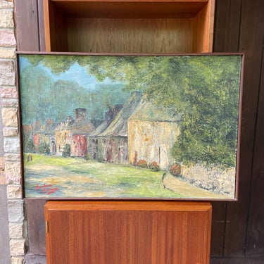 Vintage 1960s Oil Painting of English Village, Barbara (Murdock) Brown 37 x 25 in Mid-Century Countryside 