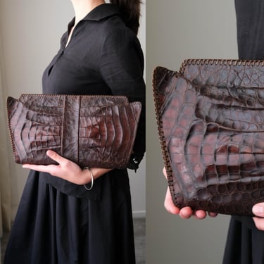 Vintage 1930s Genuine Alligator Clutch Purse | Art Deco Top Talon Zipper Handbag | Suede Interior | Antique Exotic Skin Evening Bag 