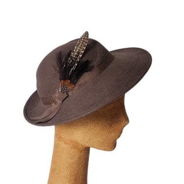 Vintage 1970s Ladies Fedora Hat Brown Wool Wide Brim Feather 