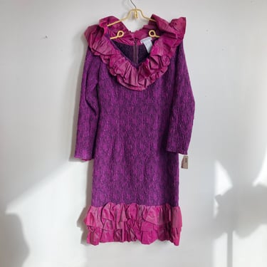 Deadstock 1980s Guy LaRoche Purple Crinkle Taffeta Dress with Ruffle Trim Long Sleeve 80s 
