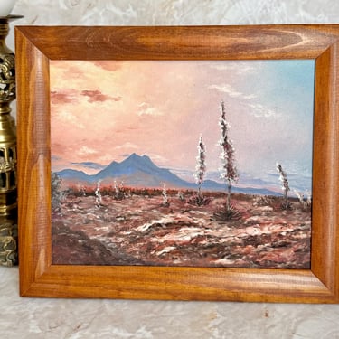 Vintage Oil Painting, Desert Sunset, Hand Painted, Signed, Mountain Scenery, Wood Frame 