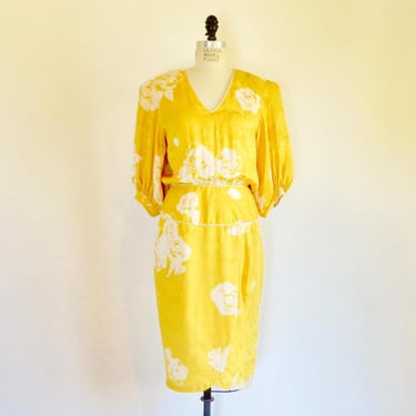 1980's Flora Kung Yellow and White Jacquard Silk Dress Floral Rose Print Blouson Sleeves Shoulder Pads 80's Spring Summer Size Medium 