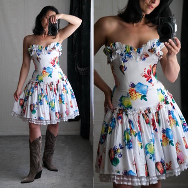 Vintage 90s MICHAEL STURM Floral Perfume Bottle Print Ruffled Cotton Sweetheart Mini Dress | Made in Germany | 1980s 1990s Designer Dress 