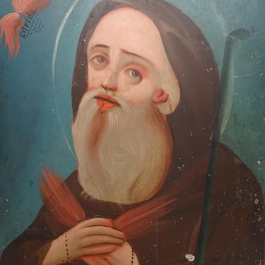 Antique 1800's Saint Francis of Paola Retablo,  Oil on Tin Santo de Caridad, San Francisco with Rosary, Vintage Religious Painting, Carida 