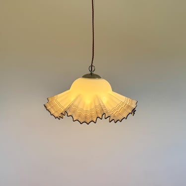 Vintage Wavy Glass Pendant Lamp / Art Deco Style Ruffled Ceiling Light / Yugoslav Mid Century Lighting / 1970s 