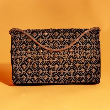 50s Black Velvet Brocade Adorned Purse Vintage Indian Handle Clutch 